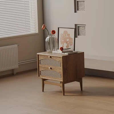 Wooden Nightstand With Rattan Drawer Fronts Glass Vase And Framed Floral Artwork 3d model