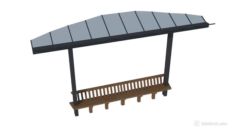 Outdoor Bench With Gray Canopy Black Frame And Wooden Slatted Seat Design 3d model 