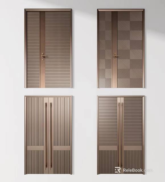 Modern Double Doors With Fluted Panels Checkerboard Pattern And Brushed Brass Finish 3d model 