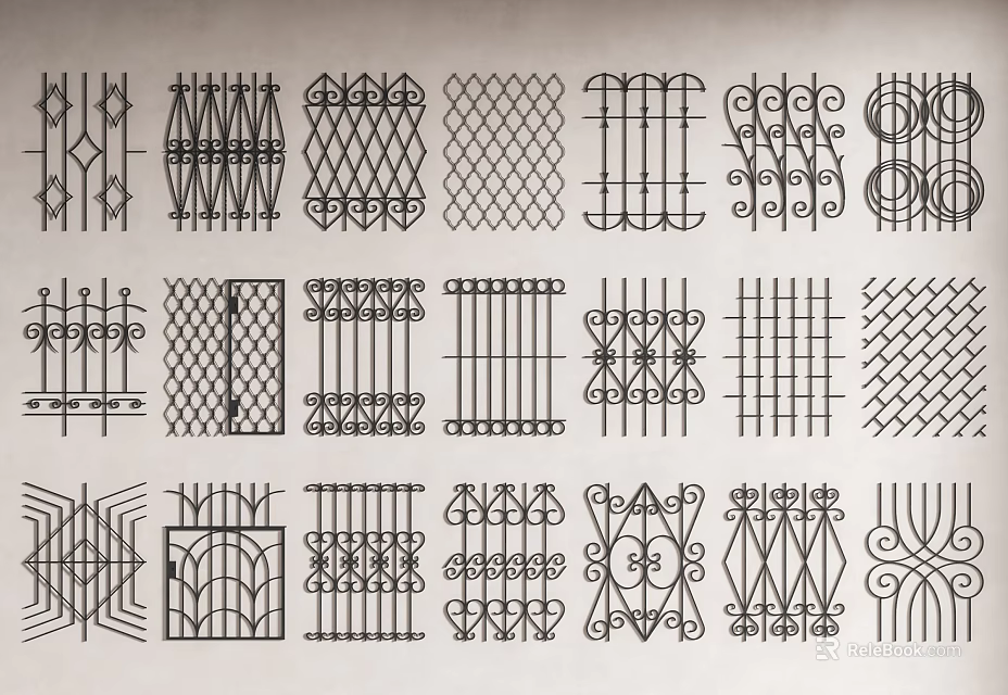 Various Decorative Railings Design Patterns in Different Geometric and Ornate Styles 3d model
