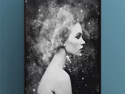 Black and White Portrait with Figure Profile Nebula Like Stars Smoke Effect in Starry Background 3d model