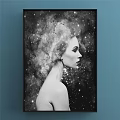 Black and White Portrait with Figure Profile Nebula Like Stars Smoke Effect in Starry Background