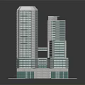 Modern Office Building With Contemporary Glass Curtain Walls And Green Lawn Base