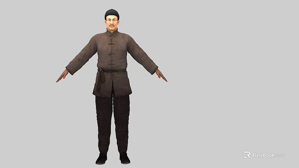 Man Wearing Traditional Chinese Jacket and Pants With Hat Standing Arms Outstretched Against Gray Background 3d model 