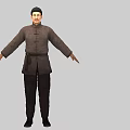 Man Wearing Traditional Chinese Jacket and Pants With Hat Standing Arms Outstretched Against Gray Background