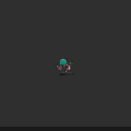 Green Spherical Head Robot Character With Red Mechanical Body On Cracked Rock And Grass