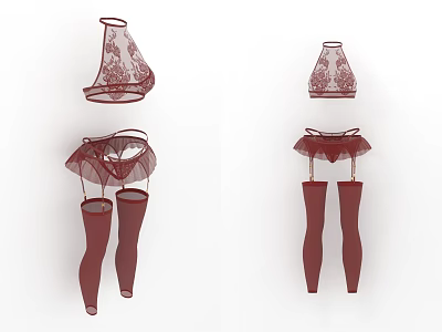 Burgundy Women's Lingerie Set With Lace Bra Panties And Sheer Stockings 3d model