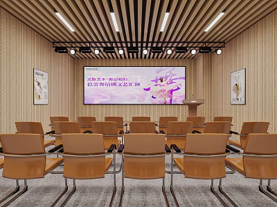 Modern Conference Room Interior With Wooden Walls Projector Screen And Brown Chairs 3d model