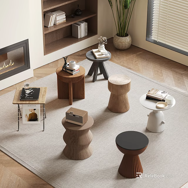 Modern Living Room Interior Featuring Various Design Side Tables On Neutral Rug With Fireplace 3d model 