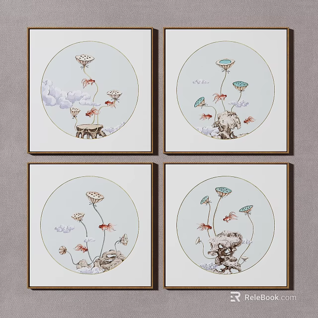Set of Four Round Decorative Paintings With Lotus Flowers Red Fish Stones And Water Ripples 3d model 