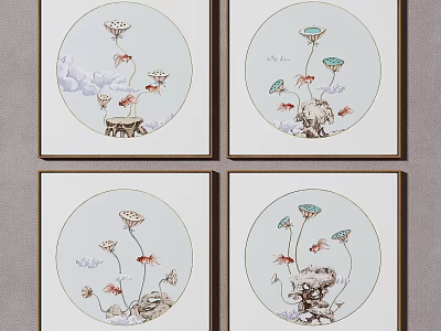 Set of Four Round Decorative Paintings With Lotus Flowers Red Fish Stones And Water Ripples 3d model