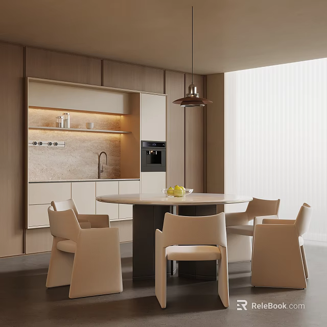 Modern Minimalist Restaurant Interior With Round Dining Table Light Wood Cabinets And Hanging Pendant Light 3d model 