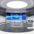 Modern Tech Exhibition Hall Featuring Circular Platform Large Screen Data Charts and Interactive Screen