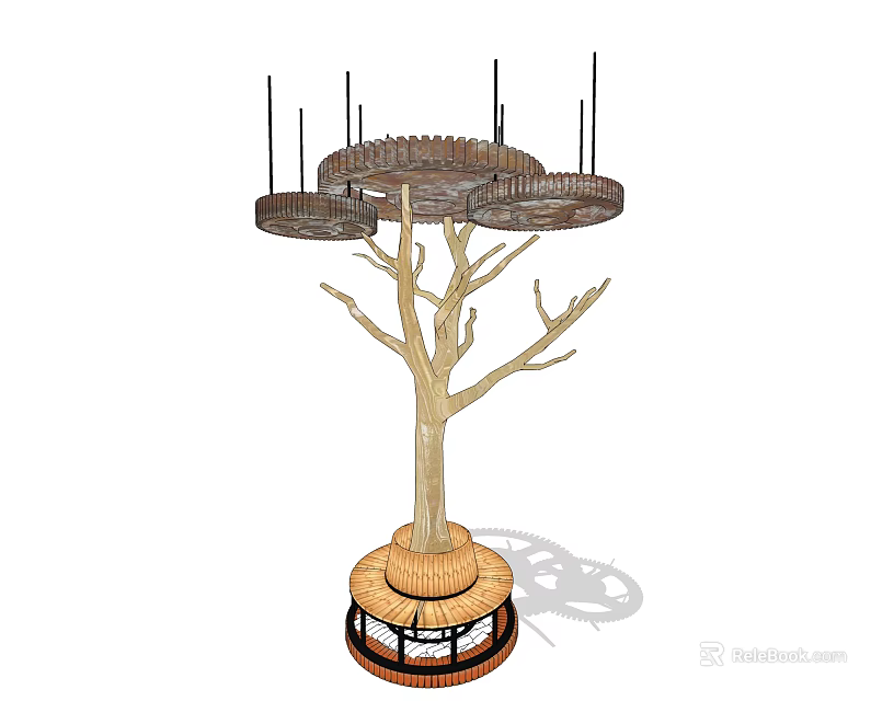 Outdoor Tree Shaped Public Chair With Wooden Branches And Circular Seats 3d model 