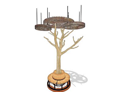 Outdoor Tree Shaped Public Chair With Wooden Branches And Circular Seats 3d model