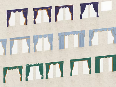 Elegant Decorative Curtains In Purple Blue Green With Gold Trim And Valance Designs 3d model