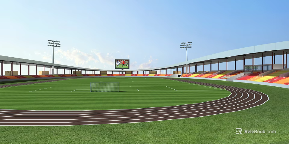 Sports Stadium With Running Track Green Football Field Digital Scoreboard And Floodlights 3d model 