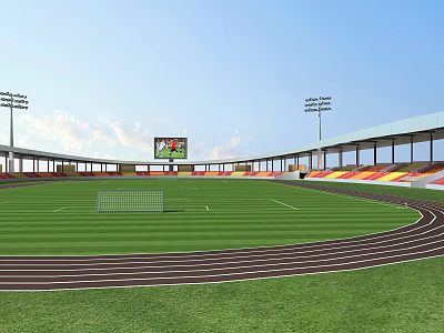 Sports Stadium With Running Track Green Football Field Digital Scoreboard And Floodlights 3d model