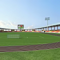 Sports Stadium With Running Track Green Football Field Digital Scoreboard And Floodlights