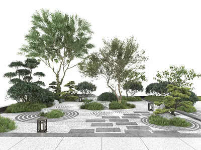 Serene Courtyard Garden Landscaped With Trees Bushes Circular Green Areas Stone Paths And Lanterns 3d model