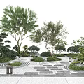 Serene Courtyard Garden Landscaped With Trees Bushes Circular Green Areas Stone Paths And Lanterns