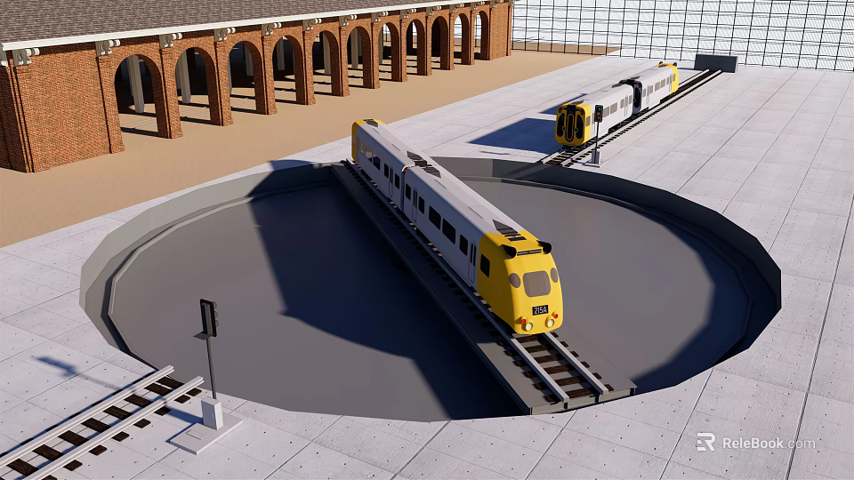 Yellow And White Trains On Circular Railway Track At Station With Arched Buildings 3d model 