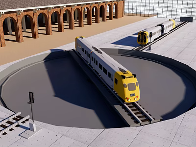 Yellow And White Trains On Circular Railway Track At Station With Arched Buildings 3d model