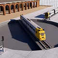 Yellow And White Trains On Circular Railway Track At Station With Arched Buildings