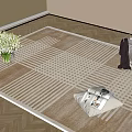 Square Area Rug With Textured Surface On Wooden Floor Near Window Blinds White Flower Bouquet