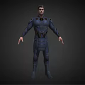 Sci Fi Hero Character In Blue Costume With Gold Accents And Chest Emblem