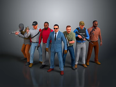 Men in Various Outfits Including Suits Holding Guns and Standing Together 3d model
