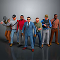 Men in Various Outfits Including Suits Holding Guns and Standing Together