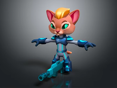 Cute Cat Character With Golden Fur Green Eyes Blue Glowing Armor Holding Weapon 3d model