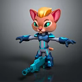 Cute Cat Character With Golden Fur Green Eyes Blue Glowing Armor Holding Weapon