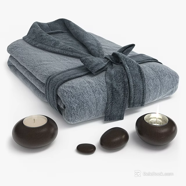 Gray Soft Bathrobe Folded With Sash Tie For Spa Like Ambiance With Candles And Stones 3d model 