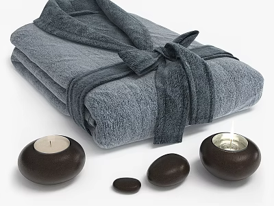 Gray Soft Bathrobe Folded With Sash Tie For Spa Like Ambiance With Candles And Stones 3d model