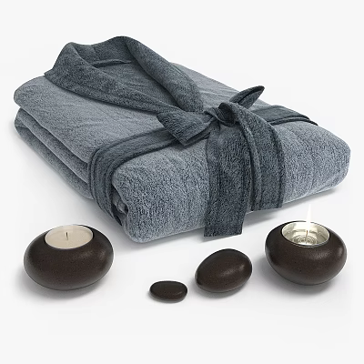 Gray Soft Bathrobe Folded With Sash Tie For Spa Like Ambiance With Candles And Stones 3d model