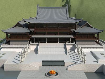 Traditional Ancient Chinese Architecture With Curved Roof Stone Steps And Front Square 3d model