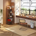 Modern Study Room Interior Design With Wooden Wall Bookshelf Desk And Rattan Chair