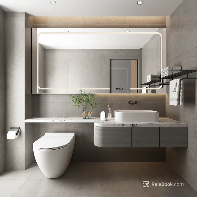 Modern Bathroom Interior Design With Gray Tiled Walls Illuminated Mirror Wall Mounted Vanity White Toilet 3d model 