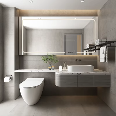 Modern Bathroom Interior Design With Gray Tiled Walls Illuminated Mirror Wall Mounted Vanity White Toilet 3d model
