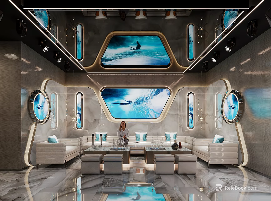Modern KTV Lounge Interior With Large Screen Luxury Sofa And Decorative Lights 3d model 