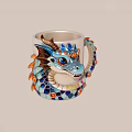 White Dragon Head Decorated Mug With Blue Orange Gold Intricate Patterns And Ornate Design