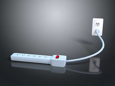 White Computer Power Strip With Multiple Outlets Red Switch Connected To Wall Socket 3d model