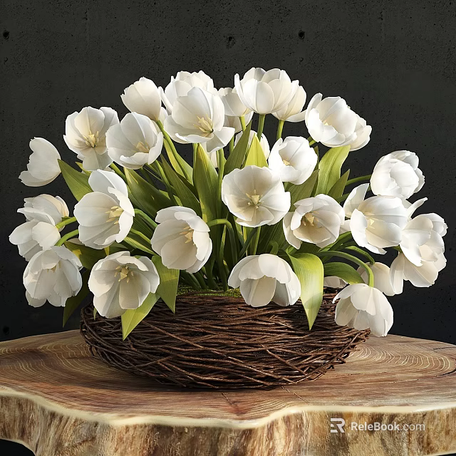 White Tulip Potted Plant In Wicker Basket On Wooden Table Dark Background 3d model 