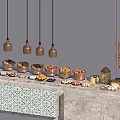 Delicious Assorted Foods On Tiled Countertop With Hanging Lights And Metal Display Shelf