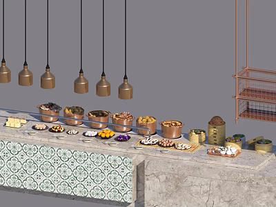 Delicious Assorted Foods On Tiled Countertop With Hanging Lights And Metal Display Shelf 3d model