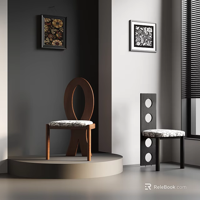 Modern Wooden And Black Chairs With Patterned Seats In Interior With Decorative Paintings Blinds 3d model 