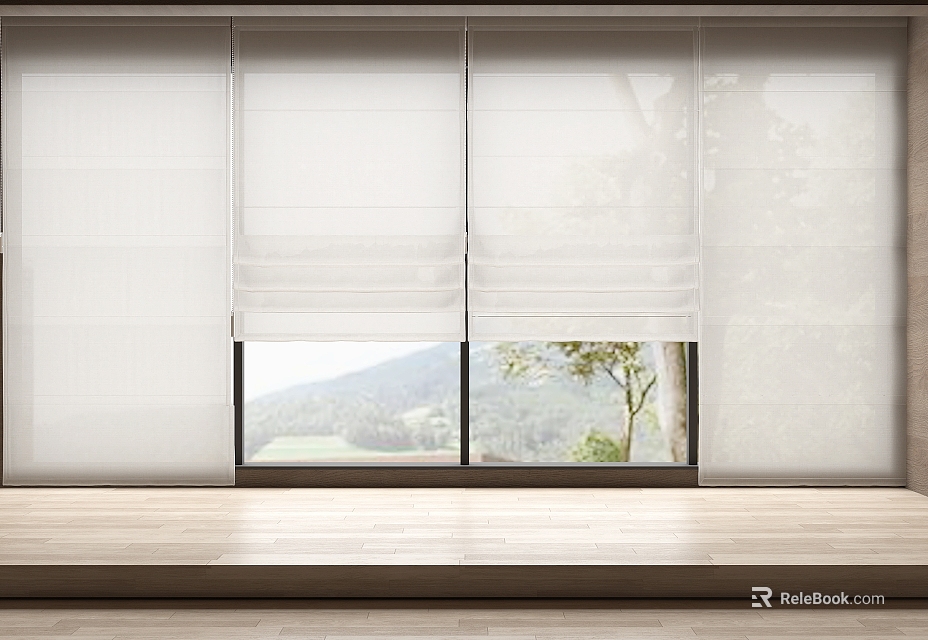White Roller Blinds Covering Window With Mountain View Tree And Wooden Floor 3d model 