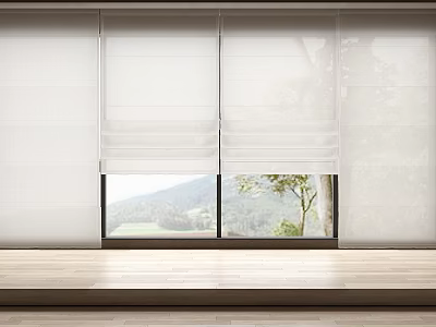 White Roller Blinds Covering Window With Mountain View Tree And Wooden Floor 3d model